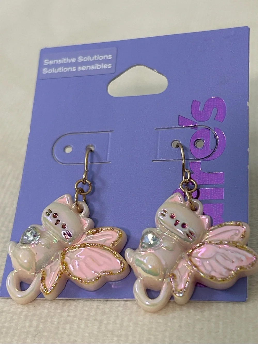 Claire's Pink Iridescent Cat Fairy Drop Earrings for girls Cat Jewelry earrings